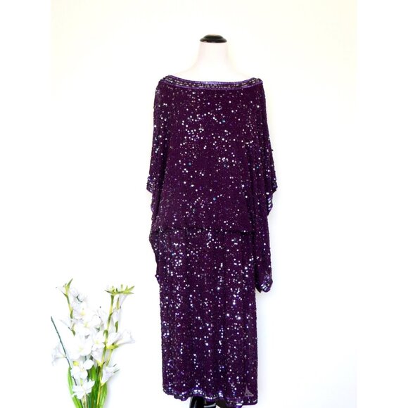 Patra Sequin Beaded Silk Gown Dress Purple SZ 18W - Picture 1 of 7